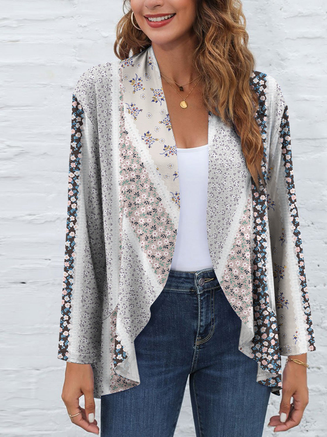 FAM-FAM printed open front long sleeve cardigan on woman, stylish and casual.